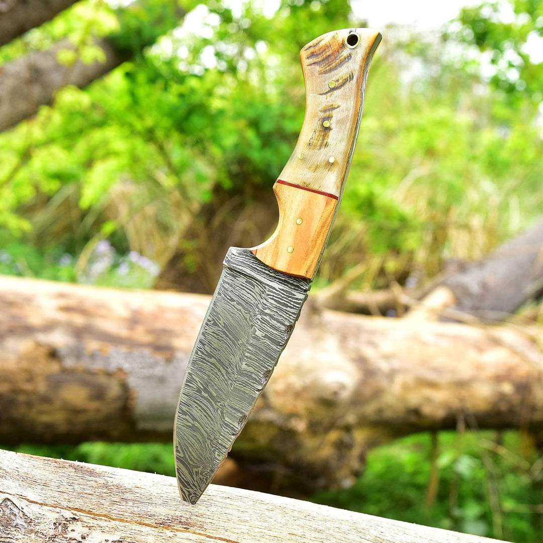 9.5 Inches Fixed Blade Bushcraft Knife with Olive Wood & Ram Horn Handle