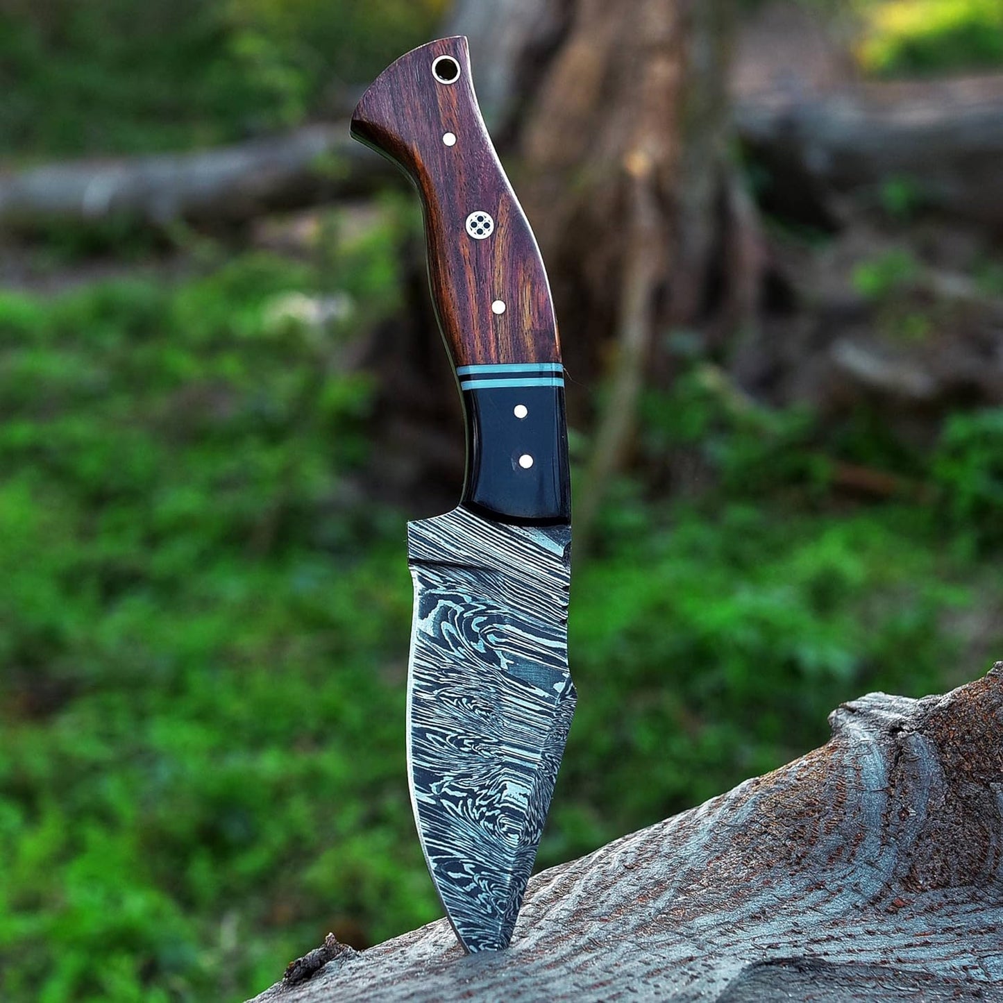 8.75 Inch Handmade Sharp Damascus Steel Fixed Blade Knife with Buffalo Horn & Rose Wood Handle