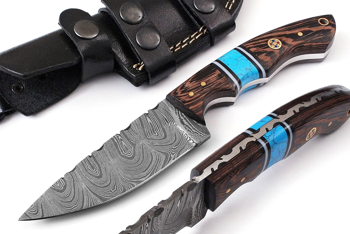 8.75 Inch Handmade Damascus Steel Fixed Blade Hunting knife with Turquoise & Wang Wood Handle…