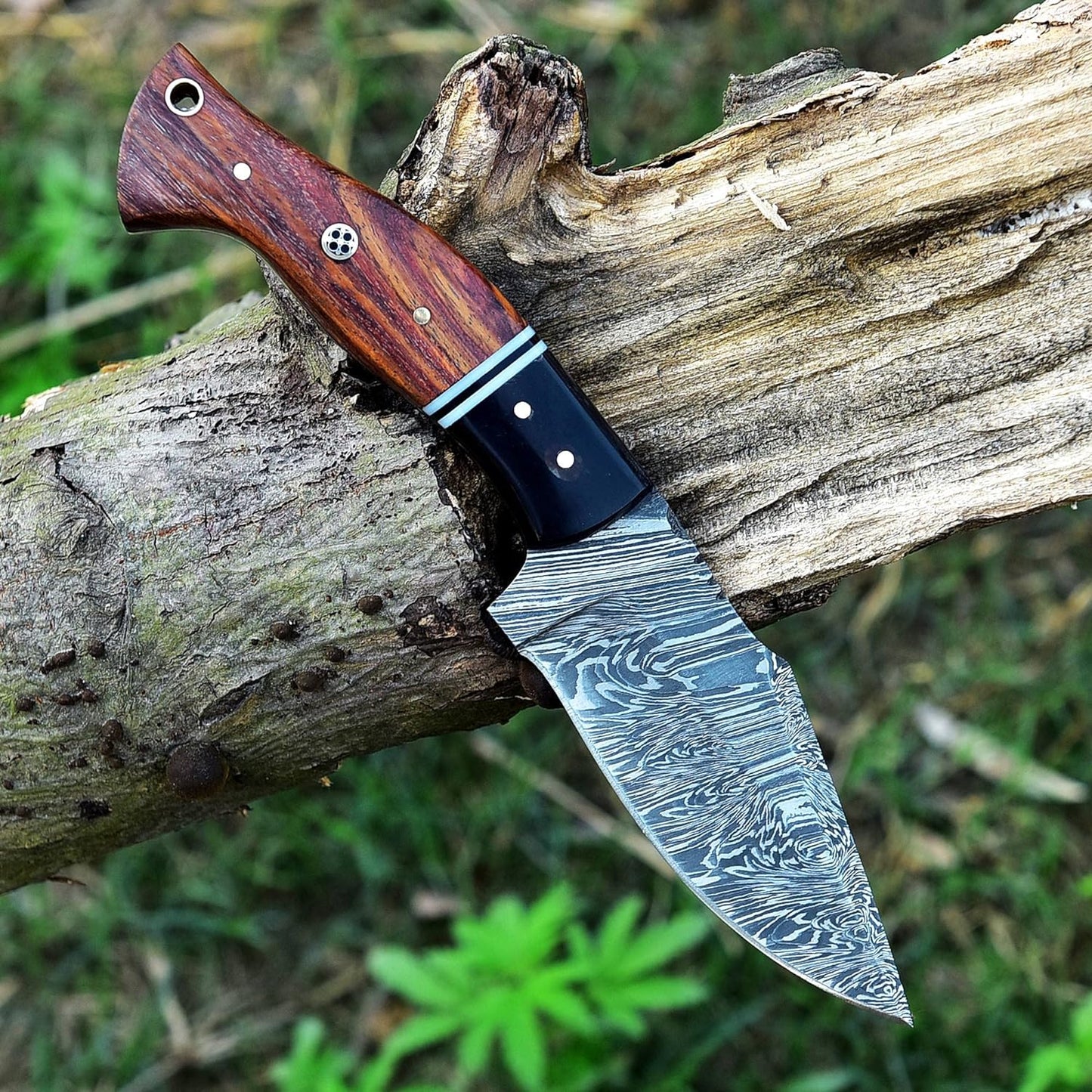 8.75 Inch Handmade Sharp Damascus Steel Fixed Blade Knife with Buffalo Horn & Rose Wood Handle