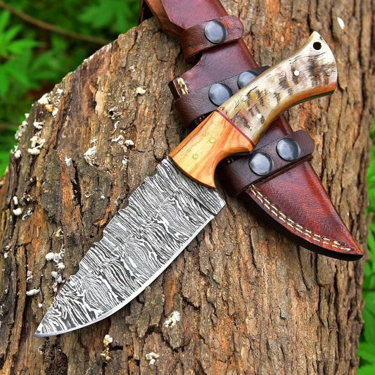 9.5 Inches Fixed Blade Bushcraft Knife with Olive Wood & Ram Horn Handle